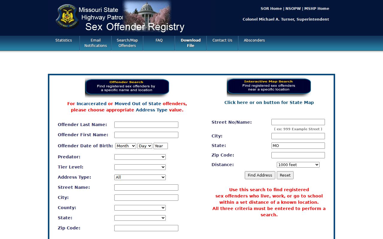 Knox County sex offender search fields in the Missouri registry